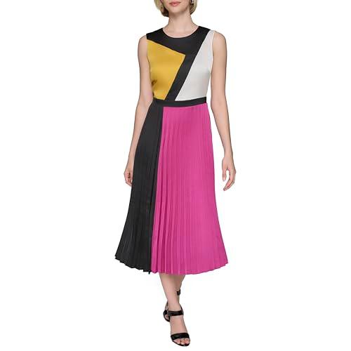 karl lagerfeld paris women's colorblock satin sleeveless midi dress, black french fuschia