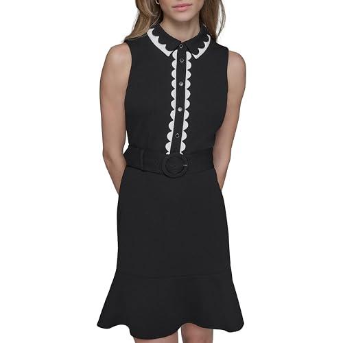 karl lagerfeld paris women's constrasting colors scalloped trip fun fit and flare dress, black/soft white