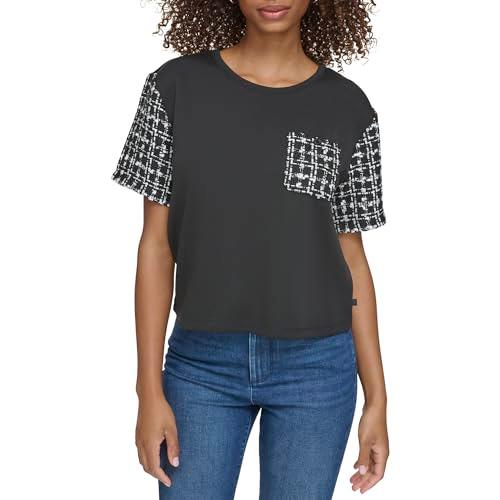 karl lagerfeld paris women's cropped tweed detail top, black