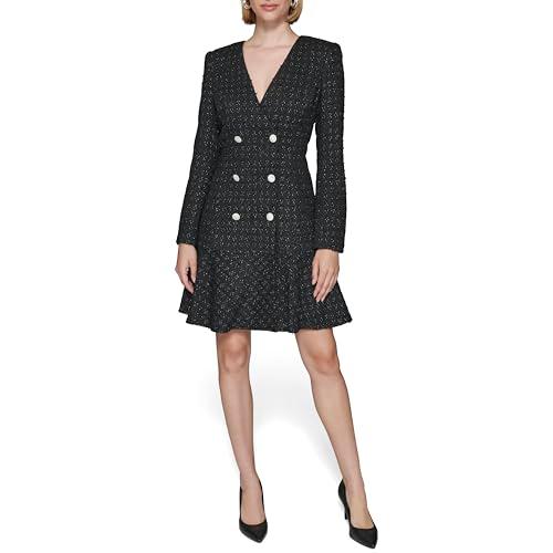 karl lagerfeld paris women's embellished buttons long sleeve v neck blazer dress, black/silver, 8