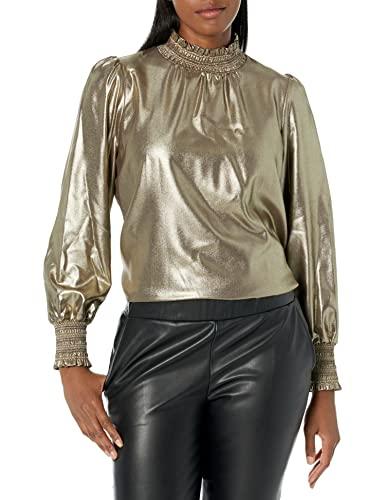 karl lagerfeld paris women's everyday long sleeve woven top, brass, x-large