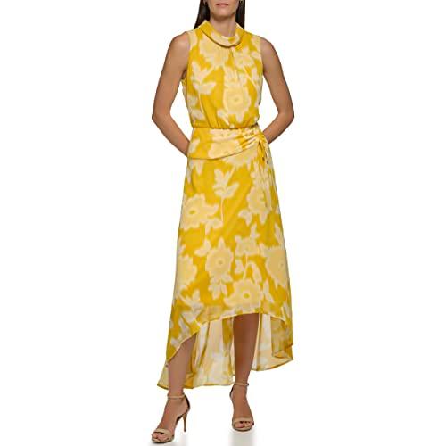 karl lagerfeld paris women's floral high-low long dress, lemon chrome multi, 6