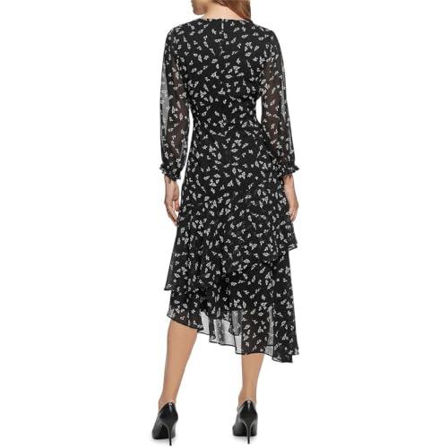 karl lagerfeld paris women's floral printed crinkle chiffon maxi dress with uneven hem, black combo, 2