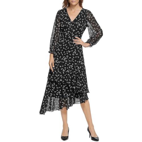 karl lagerfeld paris women's floral printed crinkle chiffon maxi dress with uneven hem, black combo, 2