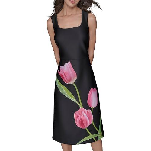 karl lagerfeld paris women's floral square neck sleevelss sheath dress, black pink sherbet combo