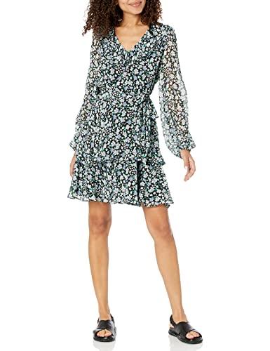 karl lagerfeld paris women's floral tie ruffle dress, black true blue multi, 2