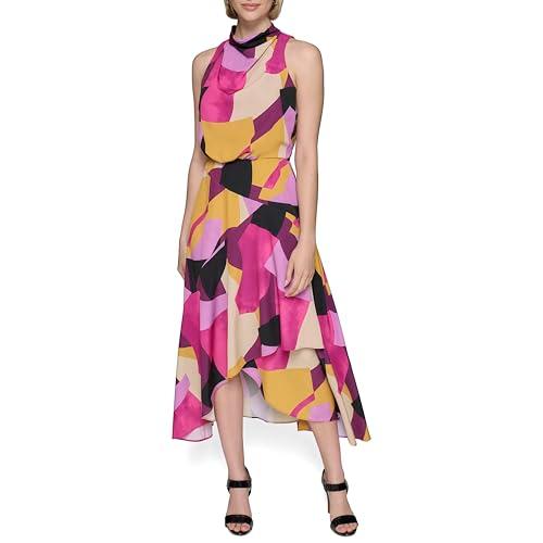 karl lagerfeld paris women's halter neck silky crepe colorful geo print midi dress, french fuschia combo