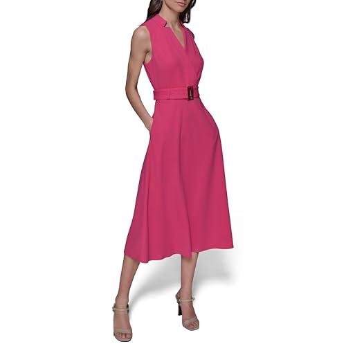 karl lagerfeld paris women's light belted sleeveless midi dress, fuchsia