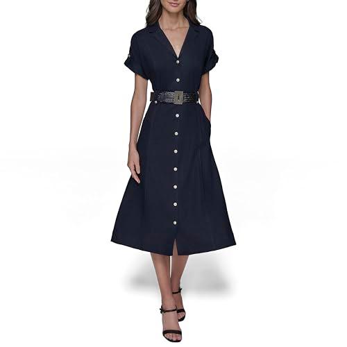 karl lagerfeld paris women's light collared short sleeve midi dress, marine
