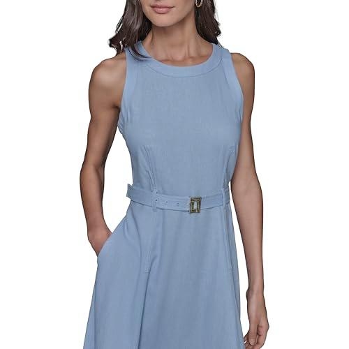 karl lagerfeld paris women's light scoop neck sleeveless midi dress, chambray blue