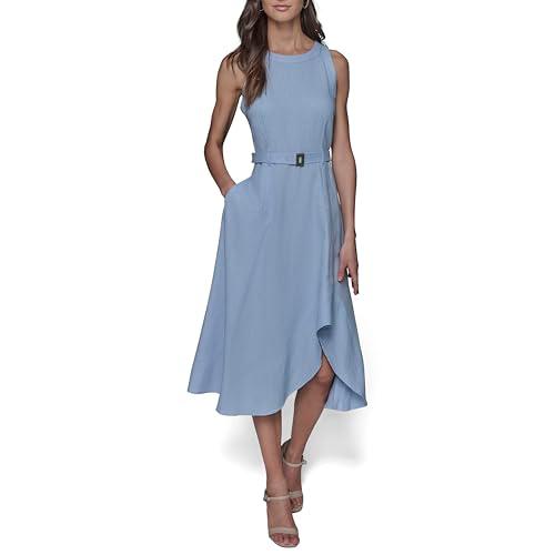 karl lagerfeld paris women's light scoop neck sleeveless midi dress, chambray blue