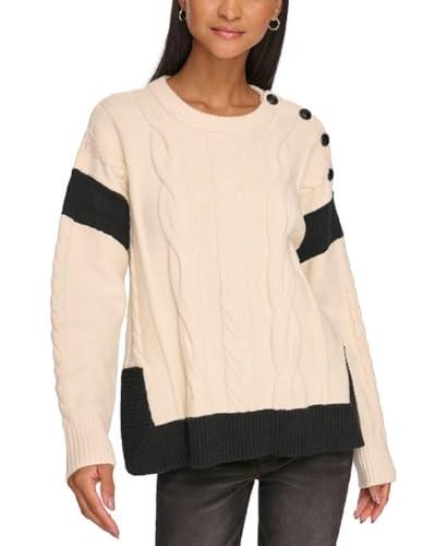 karl lagerfeld paris women's long sleeve cable sweater, pearl/black