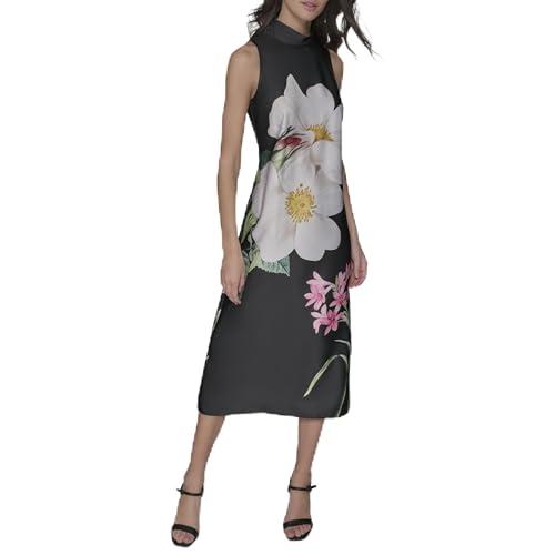 karl lagerfeld paris women's mock neck sleeveless midi sheath dress, black pink sherbert multi
