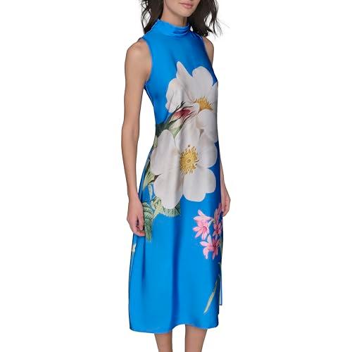 karl lagerfeld paris women's mock neck sleeveless midi sheath dress, french blue pink sherbet multi