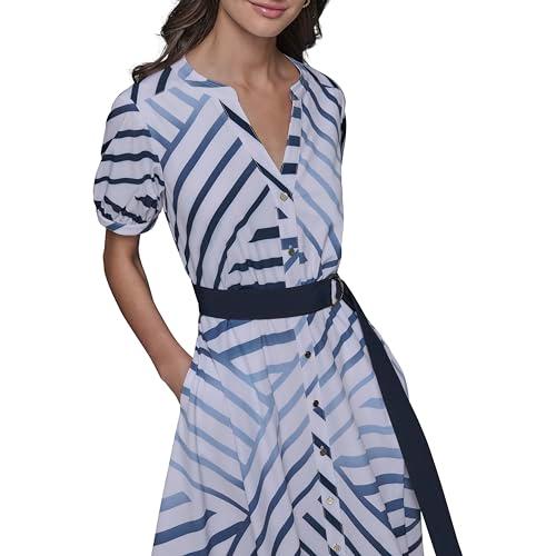 karl lagerfeld paris women's patterned short sleeves belted midi dress, soft white/chambray blue/marine