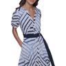 karl lagerfeld paris women's patterned short sleeves belted midi dress, soft white/chambray blue/marine