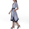 karl lagerfeld paris women's patterned short sleeves belted midi dress, soft white/chambray blue/marine