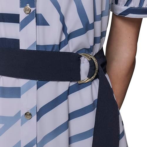 karl lagerfeld paris women's patterned short sleeves belted midi dress, soft white/chambray blue/marine