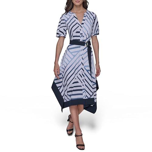 karl lagerfeld paris women's patterned short sleeves belted midi dress, soft white/chambray blue/marine