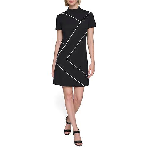 karl lagerfeld paris women's piping details mock neck short sleeve sheath dress, black soft white, 8