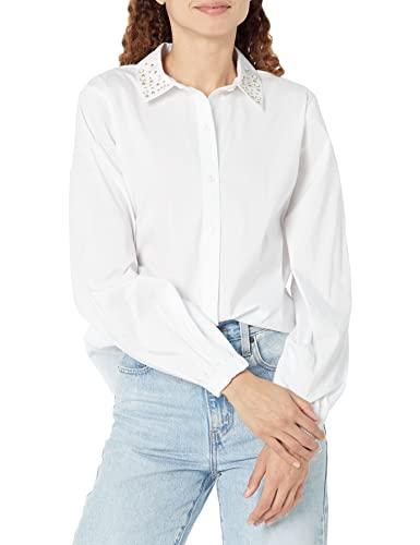 karl lagerfeld paris women's poplin long sleeve stripe everyday fashion sport blouse, white, x-large