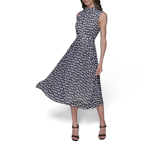 karl lagerfeld paris women's printed belted sleeveless midi dress, sft wht/marne combo