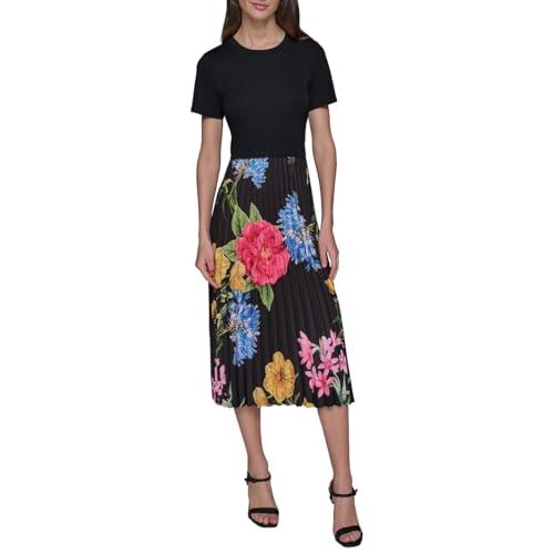 karl lagerfeld paris women's printed pleated satin shirt dress, black multi