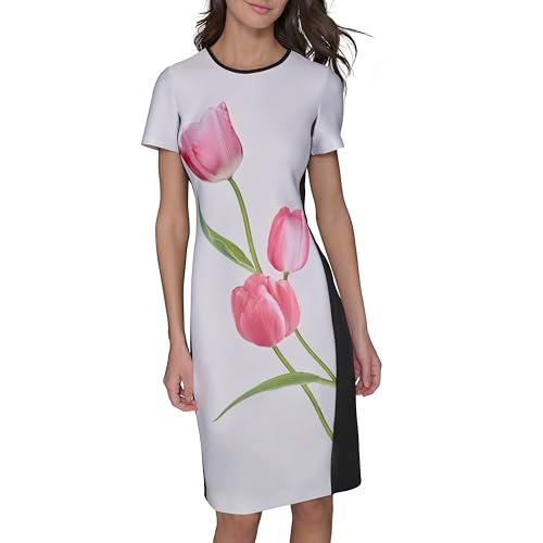 karl lagerfeld paris women's printed short sleeve contrasting sheath dress, soft white pink sherbet combo