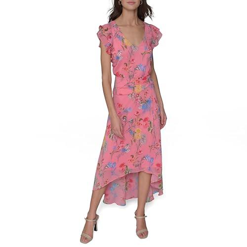 karl lagerfeld paris women's ruffle sleeved midi printed high low dress, pink sherbert combo