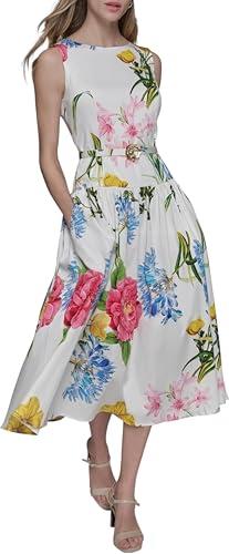 karl lagerfeld paris women's scoop neck sleeveless midi sheath dress, soft white multi