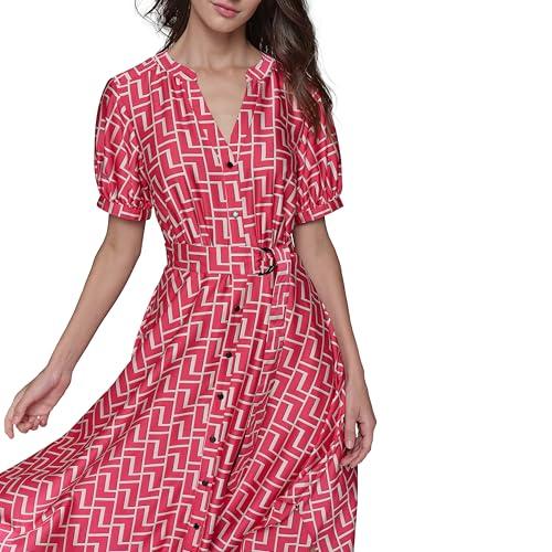 karl lagerfeld paris women's short puffed sleeve hanky hem fun midi dress, teaberry combo