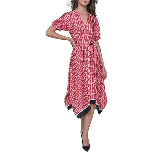 karl lagerfeld paris women's short puffed sleeve hanky hem fun midi dress, teaberry combo