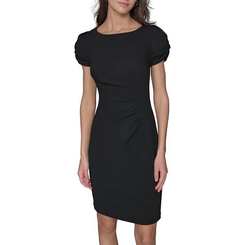 karl lagerfeld paris women's short ruched sleeve jewel neck sheath mini dress, black