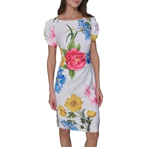 karl lagerfeld paris women's short ruched sleeve jewel neck sheath mini dress, soft white multi