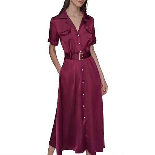 karl lagerfeld paris women's short sleeve buttons down front shirt, wine
