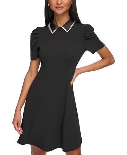 karl lagerfeld paris women's short sleeve collared tweed a-line mini dress, black