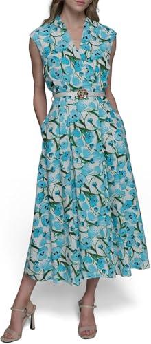 karl lagerfeld paris women's short sleeve multifunctional shirt dress, blue hydrangea combo