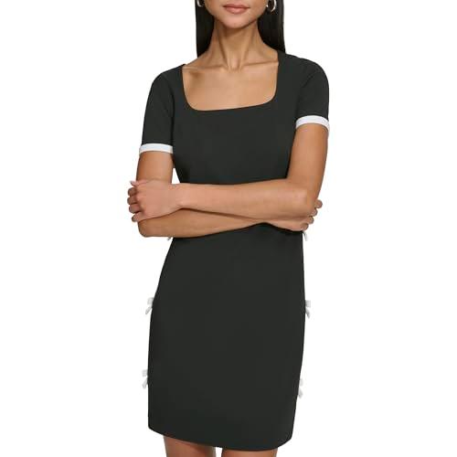 karl lagerfeld paris women's short sleeve square neck bow embellished shift mini dress, black/soft white