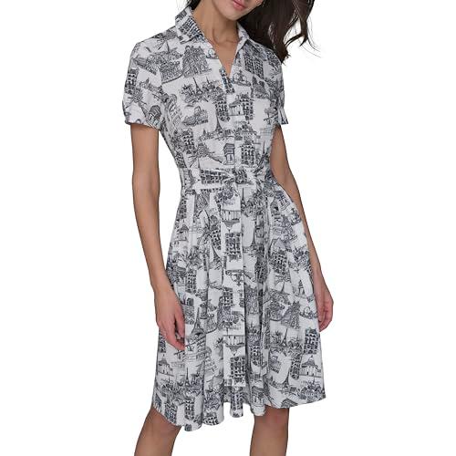 karl lagerfeld paris women's short sleeve v-neck faux wrap midi dress, soft white/black multi
