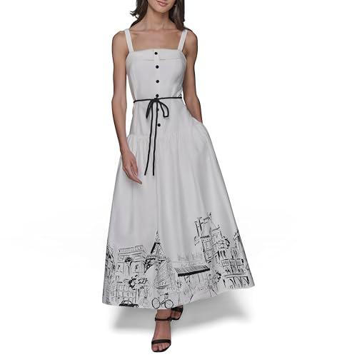 karl lagerfeld paris women's sleeveless button detail cotton midi dress, soft white black