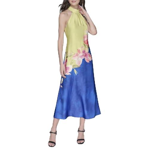 karl lagerfeld paris women's sleeveless halter neck maxi dress, citrus green bright sapphire multi