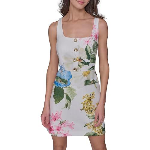 karl lagerfeld paris women's sleeveless square neck tweed a-line mini dress, soft white/french blue combo