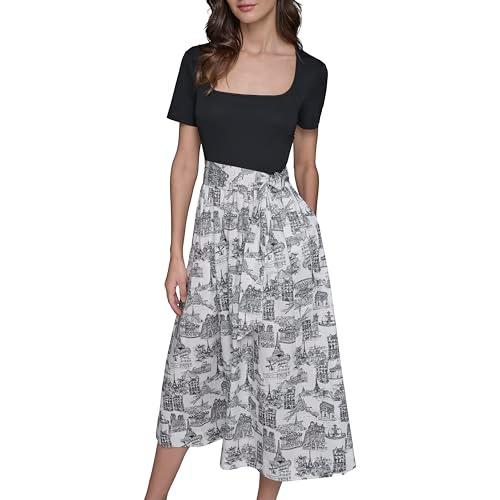 karl lagerfeld paris women's square neck short sleeve bow midi dress, black/soft white/black combo