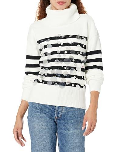 karl lagerfeld paris women's stripes pailletes top, soft white/black