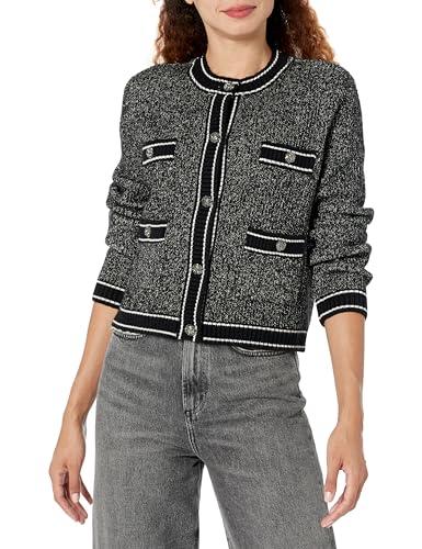 karl lagerfeld paris women's tweed cardigan long sleeve top, black/soft white