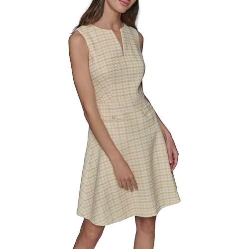 karl lagerfeld paris women's tweed printed high scoop neck aline dress, freesia yellow/soft white