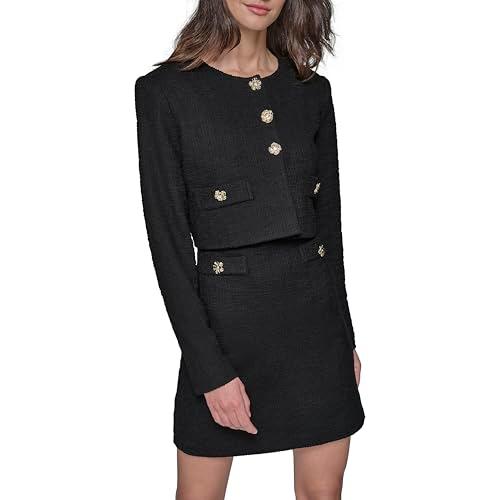 karl lagerfeld paris women's tweed solid scoop neck cropped knit blazer, black, 4