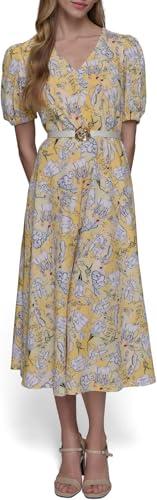 karl lagerfeld paris women's v neck puff sleeve midi dress, freesia yellow multi