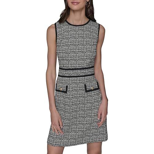 karl lagerfeld paris women's waist piping crew neck textured jacquard dress, black soft white