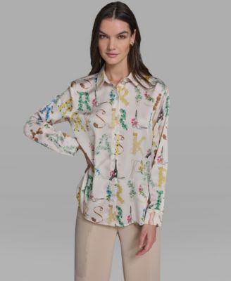 karl lagerfeld paris womens allover print button down long sleeve top